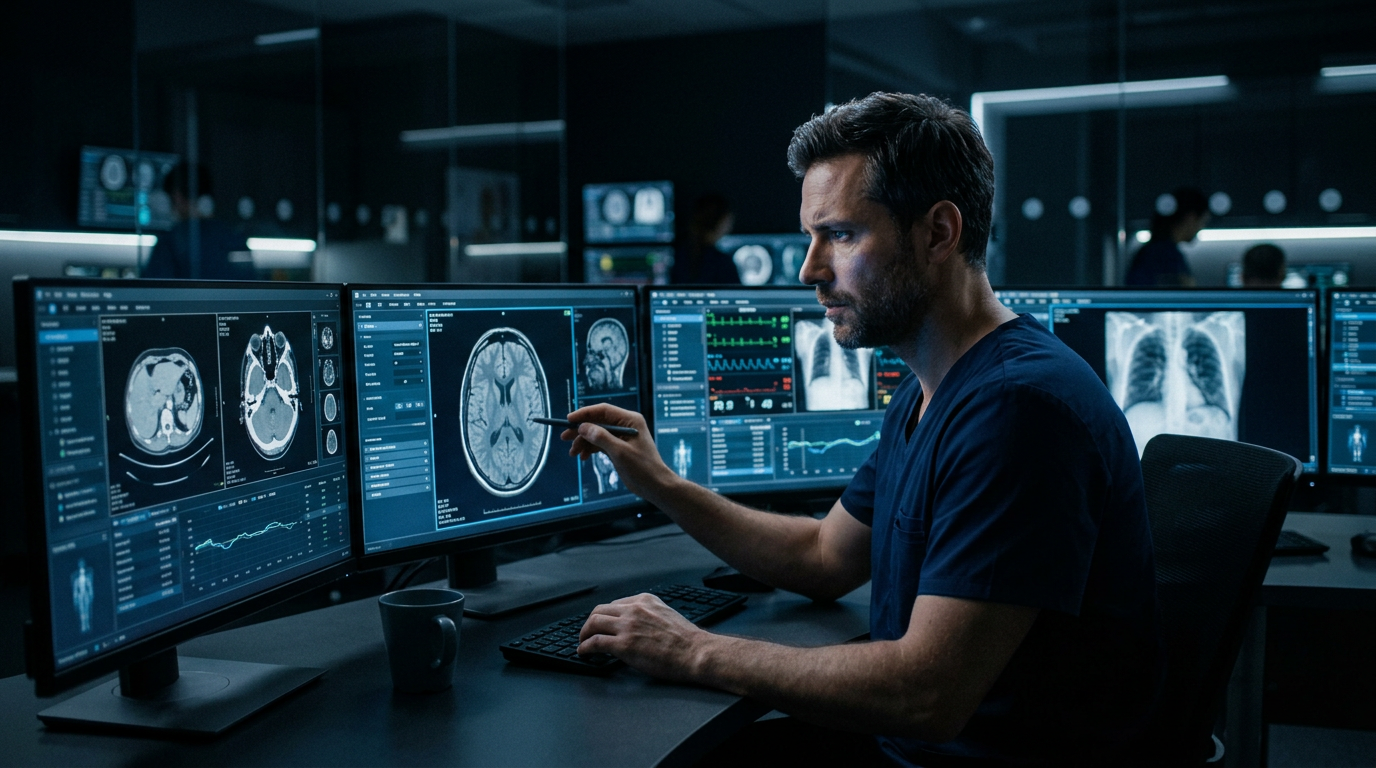 Clinician reviewing clinical data and imaging on large monitors in a modern care environment