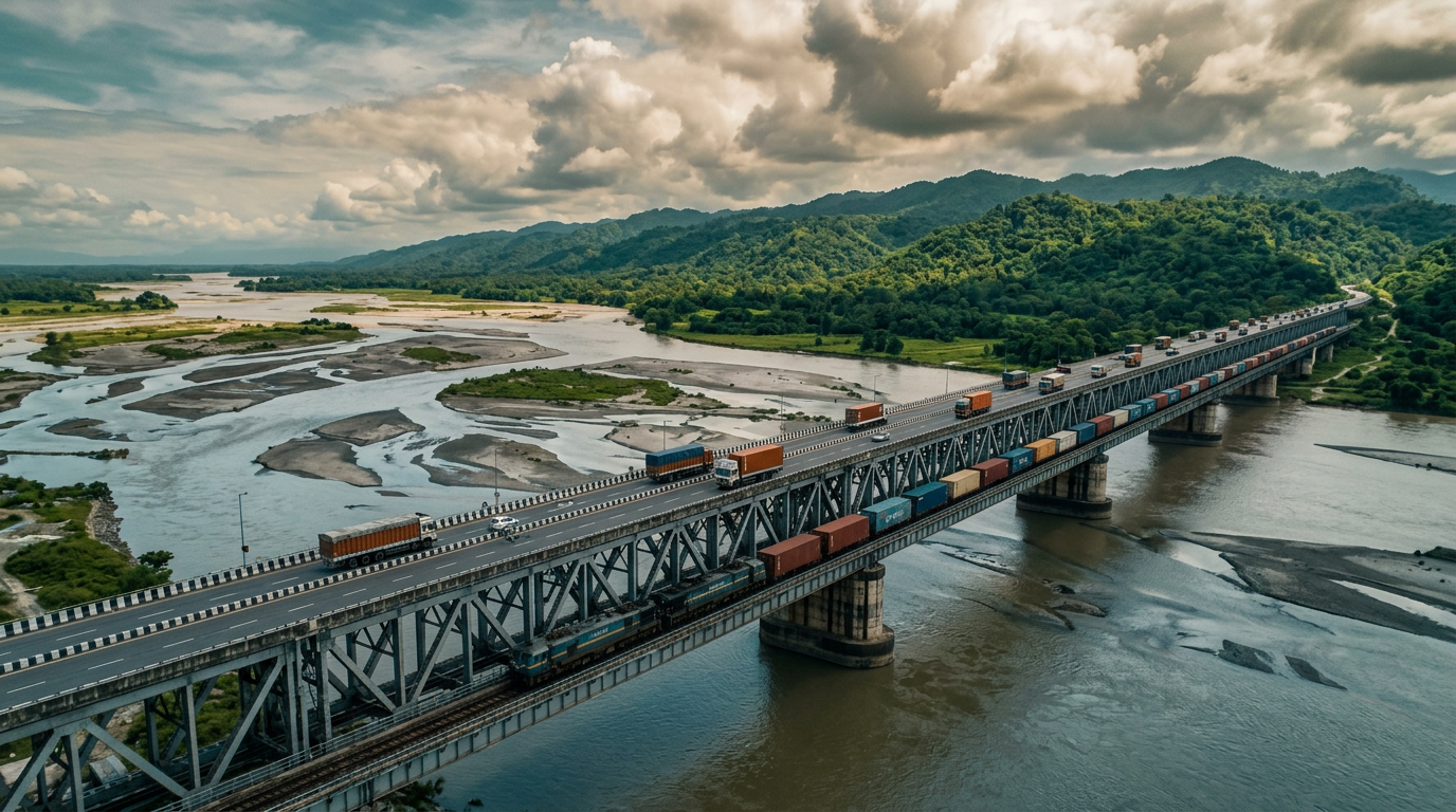 Mega steel bridge spanning a wide river at golden hour, rail and road decks, monsoon sky and distant hills