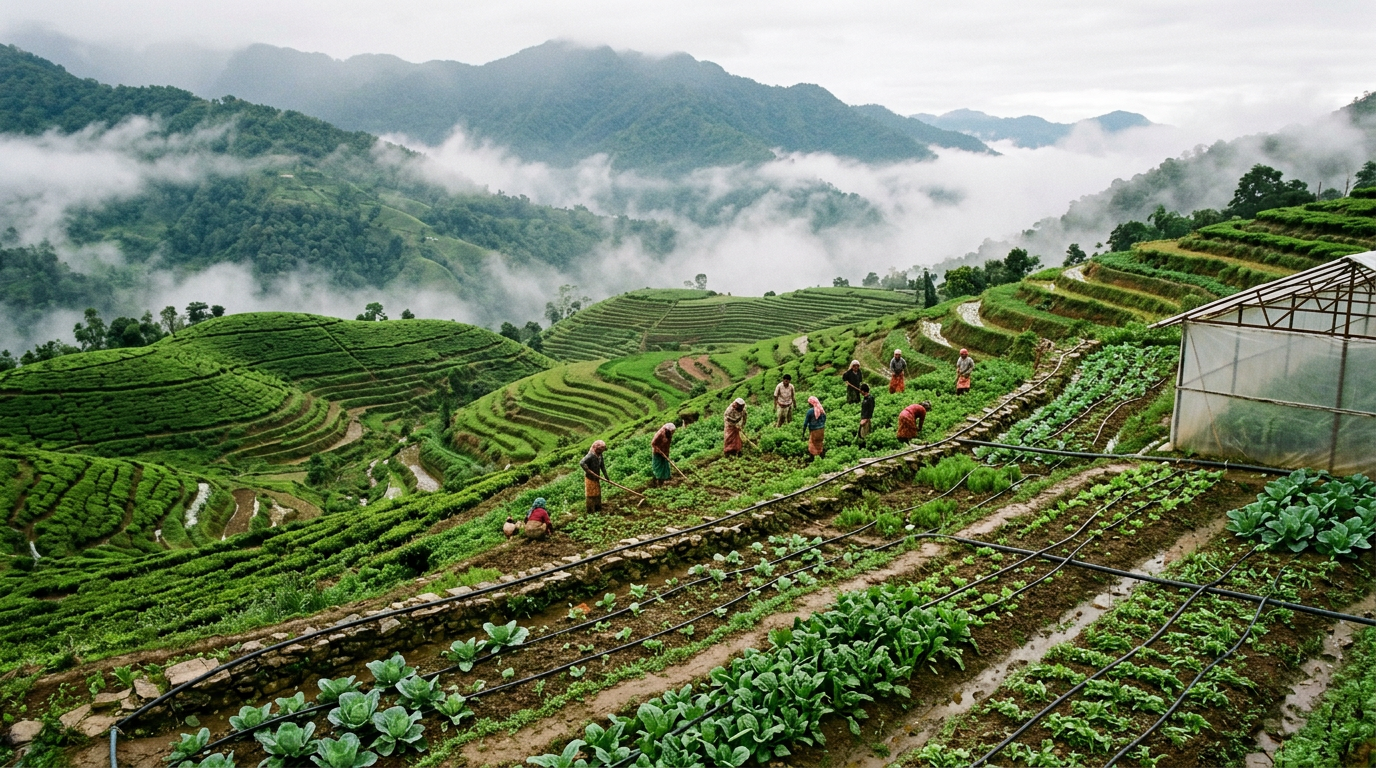 Terraced green hills with agricultural activity and morning mist