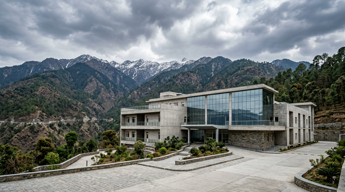 Modern hospital building in a hilly landscape with dramatic sky