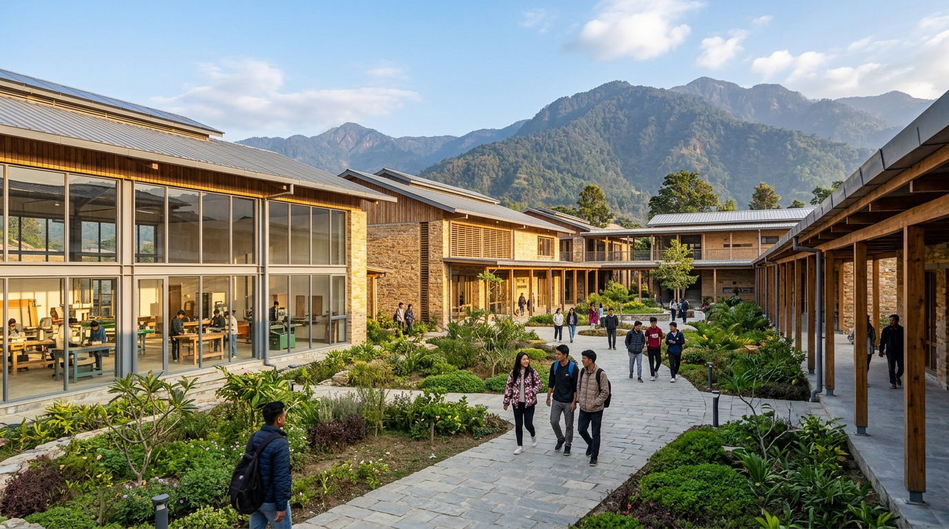 University campus building with students walking